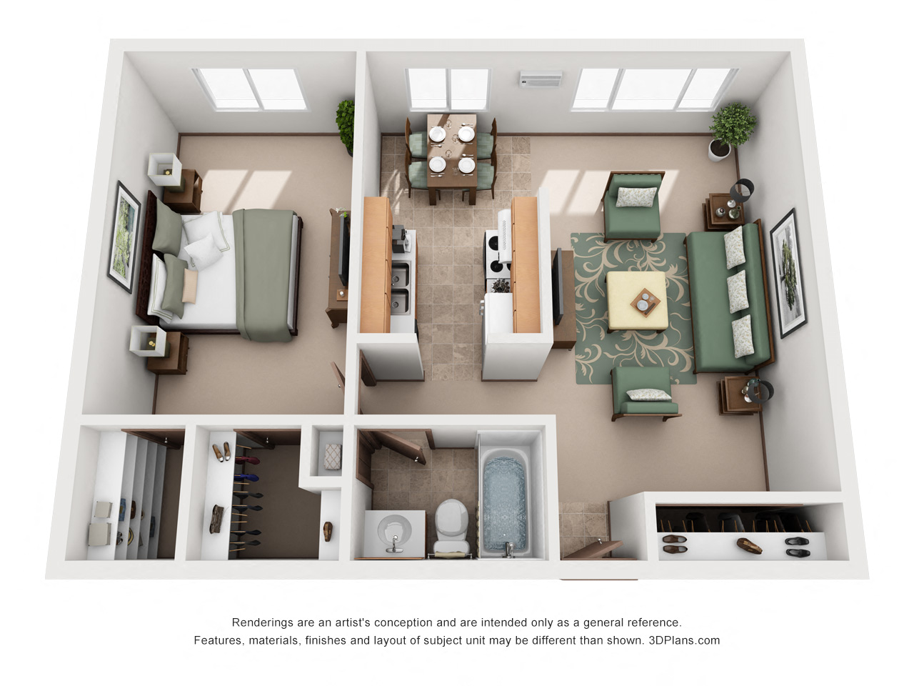 Floor plan for 1 bed, 1 bath, 750 sqft